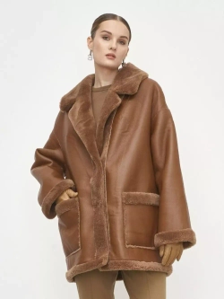 Двусторонняя дубленка из овечьей шерсти тедди чебурашка, коричневая, SilverFox