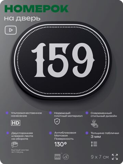 Номерок на дверь квартиры 159, для кабинета, офиса, шильдик 9 х 7 см, черный, Айдентика Технолоджи