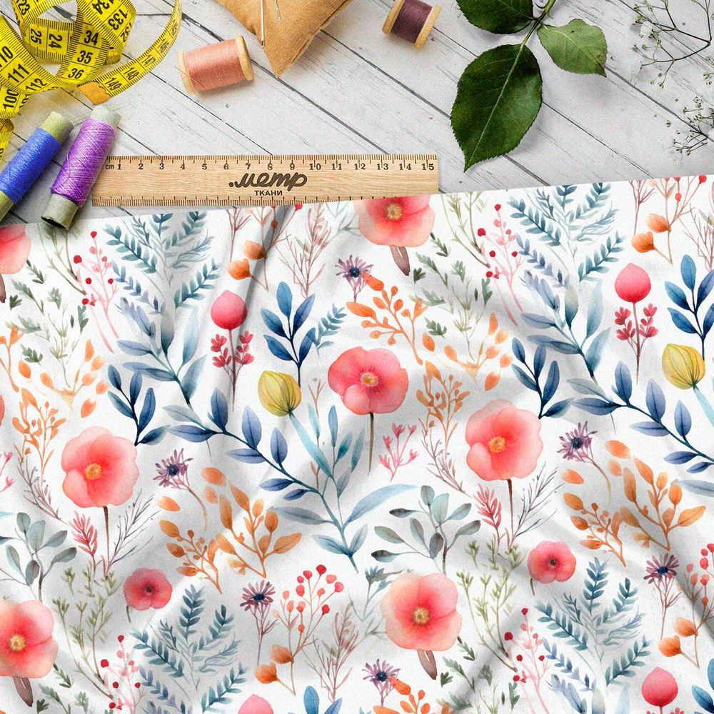 Ткань премиум флис полевые цветы с синими веточками