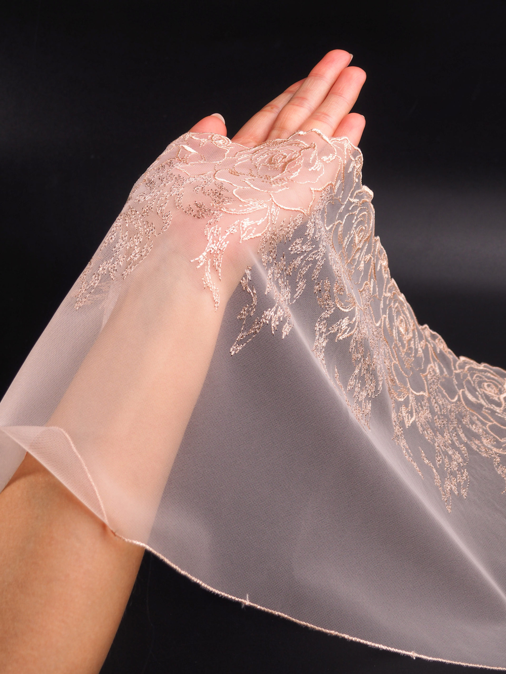 Вышивка на сетке пудрово-бежевая с люрексом неэластичная ширина 22 см ОТРЕЗЫ