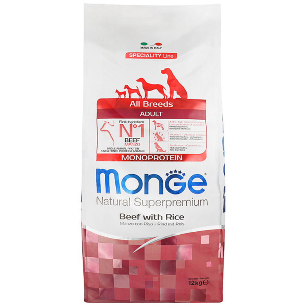 MONGE ALL BREEDS ADULT Сухой корм для взрослых собак с телятиной и рисом, 12 кг.