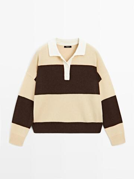 Massimo Dutti Свитер поло из смесовой шерсти в полоску, ванильный