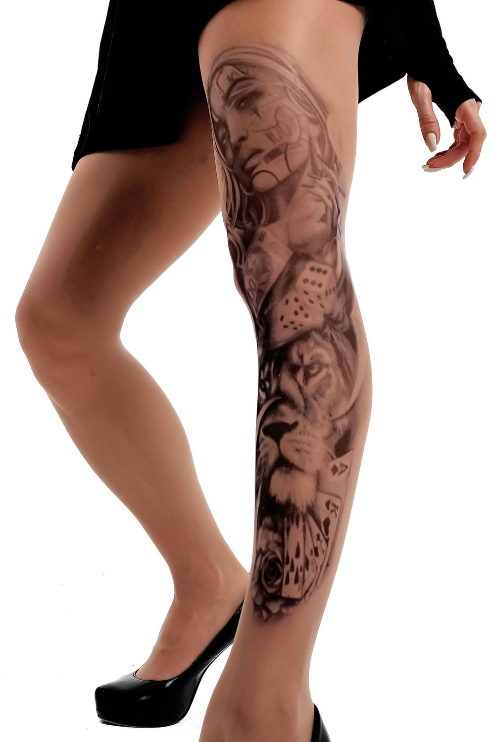 Колготки +size с принтом в виде девушки-джокера и льва (Размер: XL-XXL-XXXL) (Цвет: бежевый)