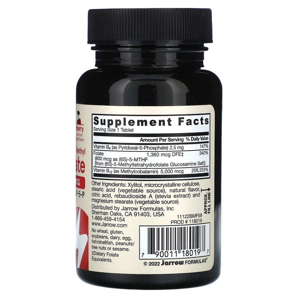 Jarrow Formulas, веганский метил B12 и метилфолат, максимальная сила действия, со вкусом вишни, 60 жевательных таблеток