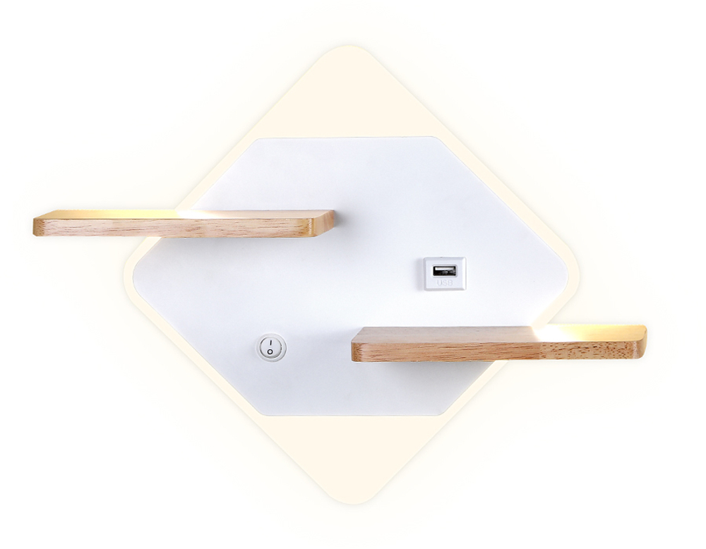 Настенный светодиодный светильник с выключателем, USB и полкой FW100 WH/WD белое/дерево LED 3000K/4200K/6400K 12W 340*250*105