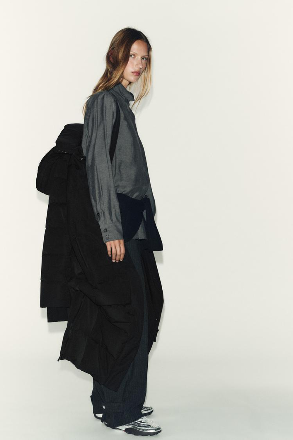 ZARA УДЛИНЕННЫЙ ПУХОВИК С КАПЮШОНОМ WATER REPELLENT WINDPROOF, ЧЕРНЫЙ