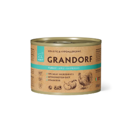 Консервы для собак GRANDORF Turkey apple raspberries pate Монопротеиновый влажный корм из индейки с яблоком и малиной для собак 6шт по 200гр