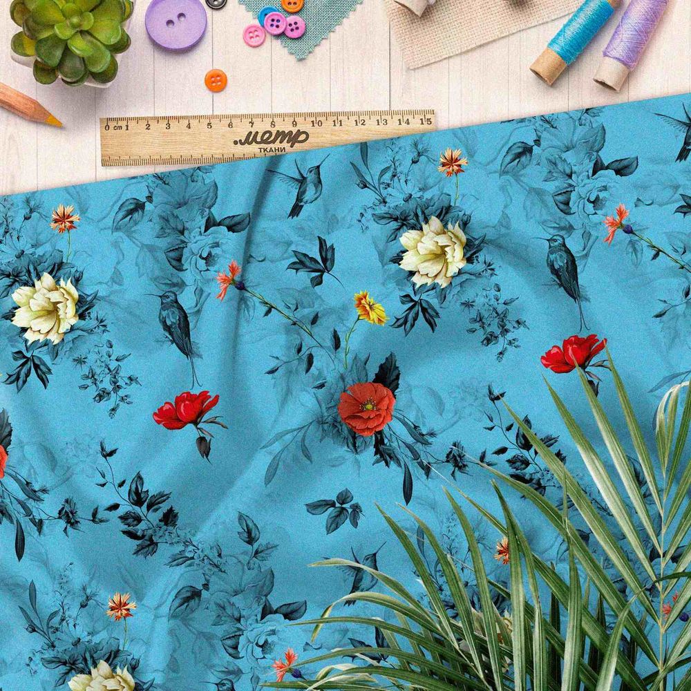 Ткань таффета монохромные цветы на голубом