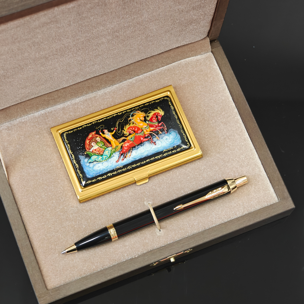 Набор "Палехская тройка" визитница персональная с ручной росписью и ручка Parker
