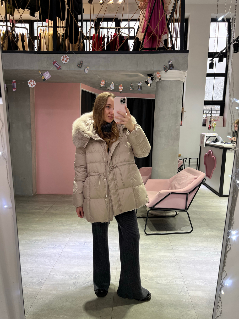 Пуховик Fresh миди с кулиской бежевый