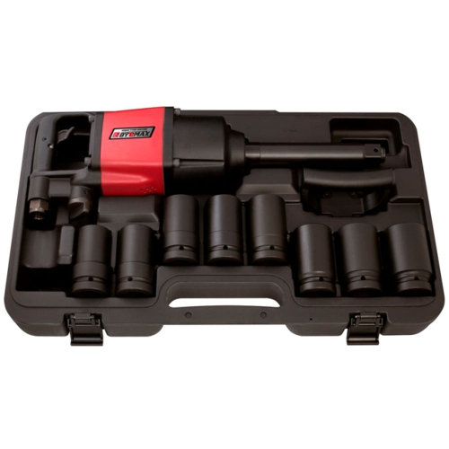 Пневмогайковерт прямой ударный удл. шпиндель в кейсе с набором головок 1" BYEMAX BM-47-4072L8K