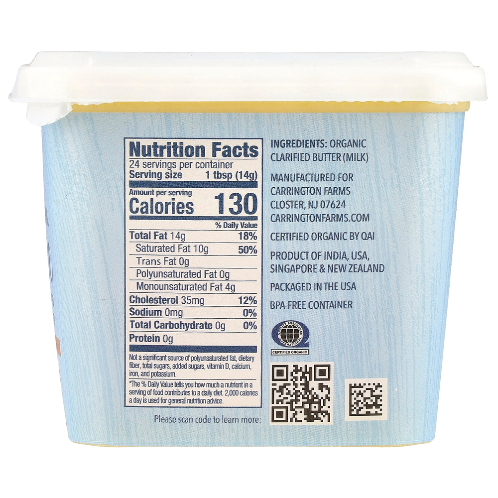 Carrington Farms, Органическое очищенное масло гхи, травяного откорма, 355 мл (12 жидк. унц.)