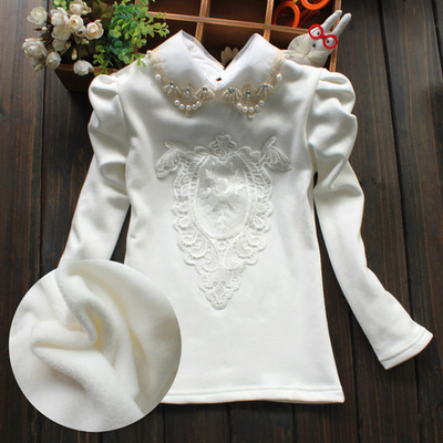 Блузка детская с отложным воротником из шифона с жемчугом и отделкой кружевом