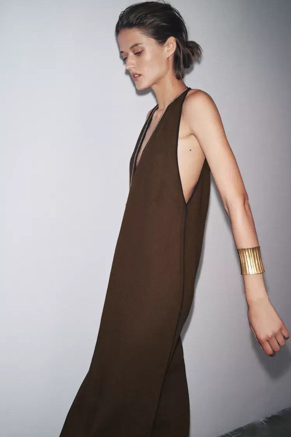 ZARA ПЛАТЬЕ МИДИ ИЗ СМЕСОВОГО ЛЬНА — ZW COLLECTION, ШОКОЛАДНЫЙ