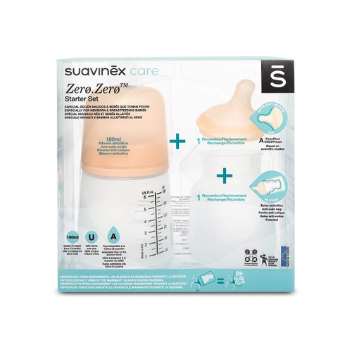 Уцененный товар: набор из 3-х предметов: бутылочка для кормления Suavinex Zero.Zero 180 мл 0+, соска, запасной антиколиковый мешочек