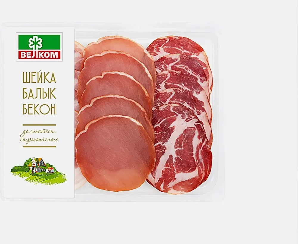 Деликатесы сырокопченые Шейка, балык и бекон в нарезке Велком 90г