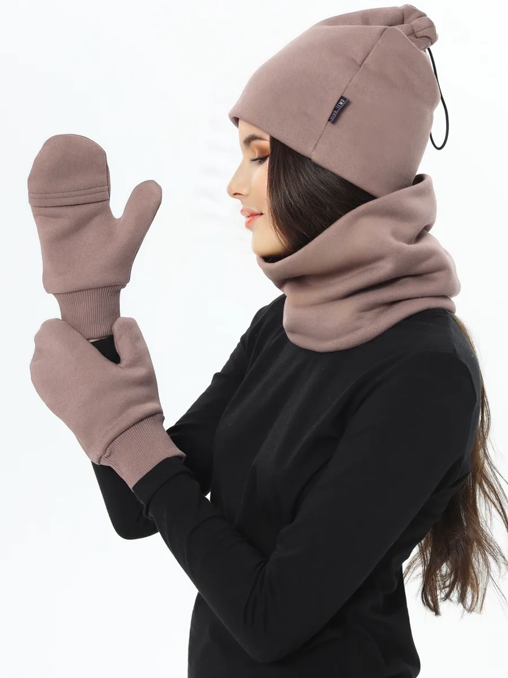 Комплект с начесом: снуд, варежки, шапка