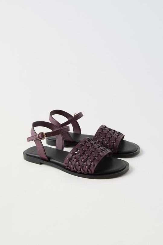 ZARA БОСОНОЖКИ С РЕМЕШКАМИ ИЗ ШНУРА, ГРАНАТОВЫЙ