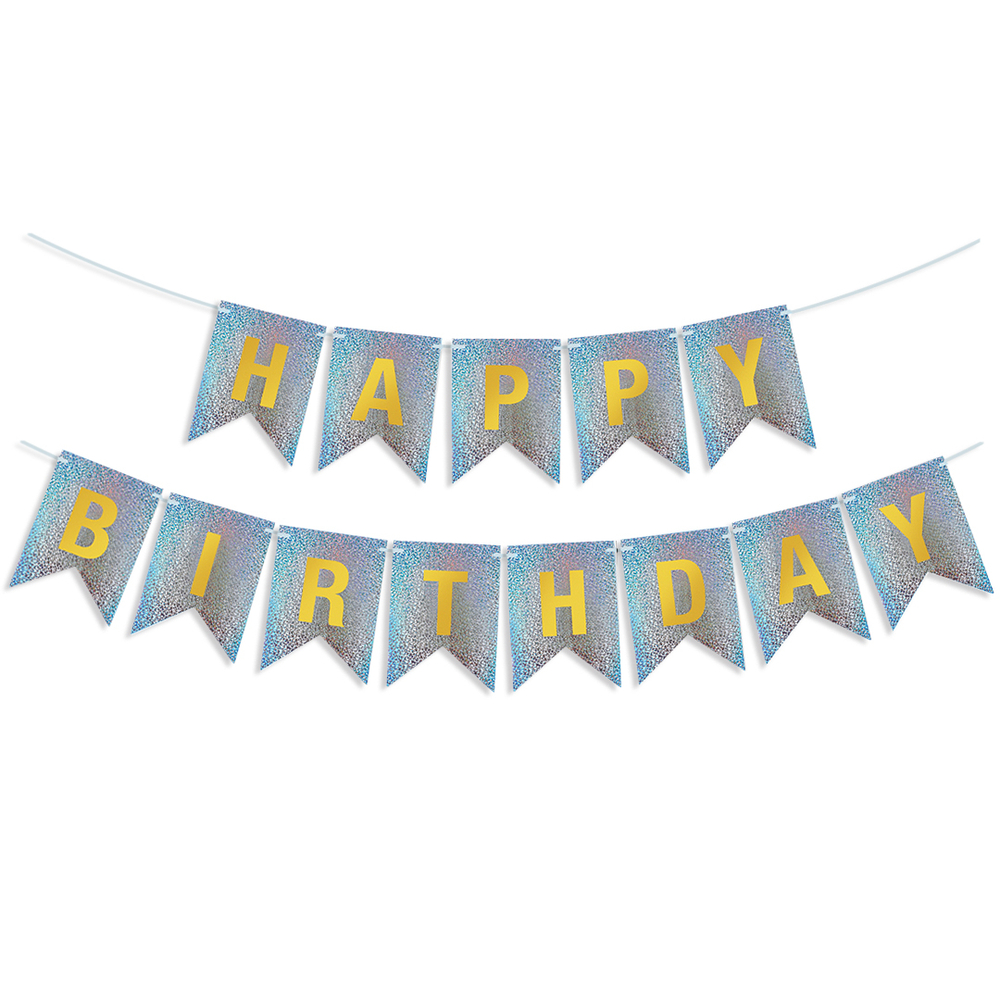 Гирлянда Флажки, Happy Birthday, Серебро, Голография, 350 см, 17*12 см