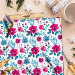 Ткань бифлекс ярко-розовые цветы на белом фоне