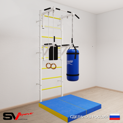 Шведская стенка Sv Sport усиленная 6715 (Турник стандарт/Брусья/Кольца/Цепь/Мешок 15кг/Мат 1м)