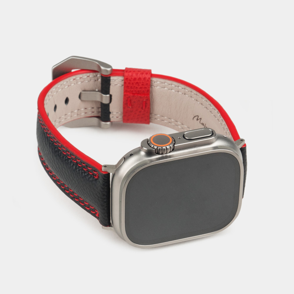 Ремешок для Apple Watch Ultra 49mm из кожи Saffiano черного цвета с красной строчкой