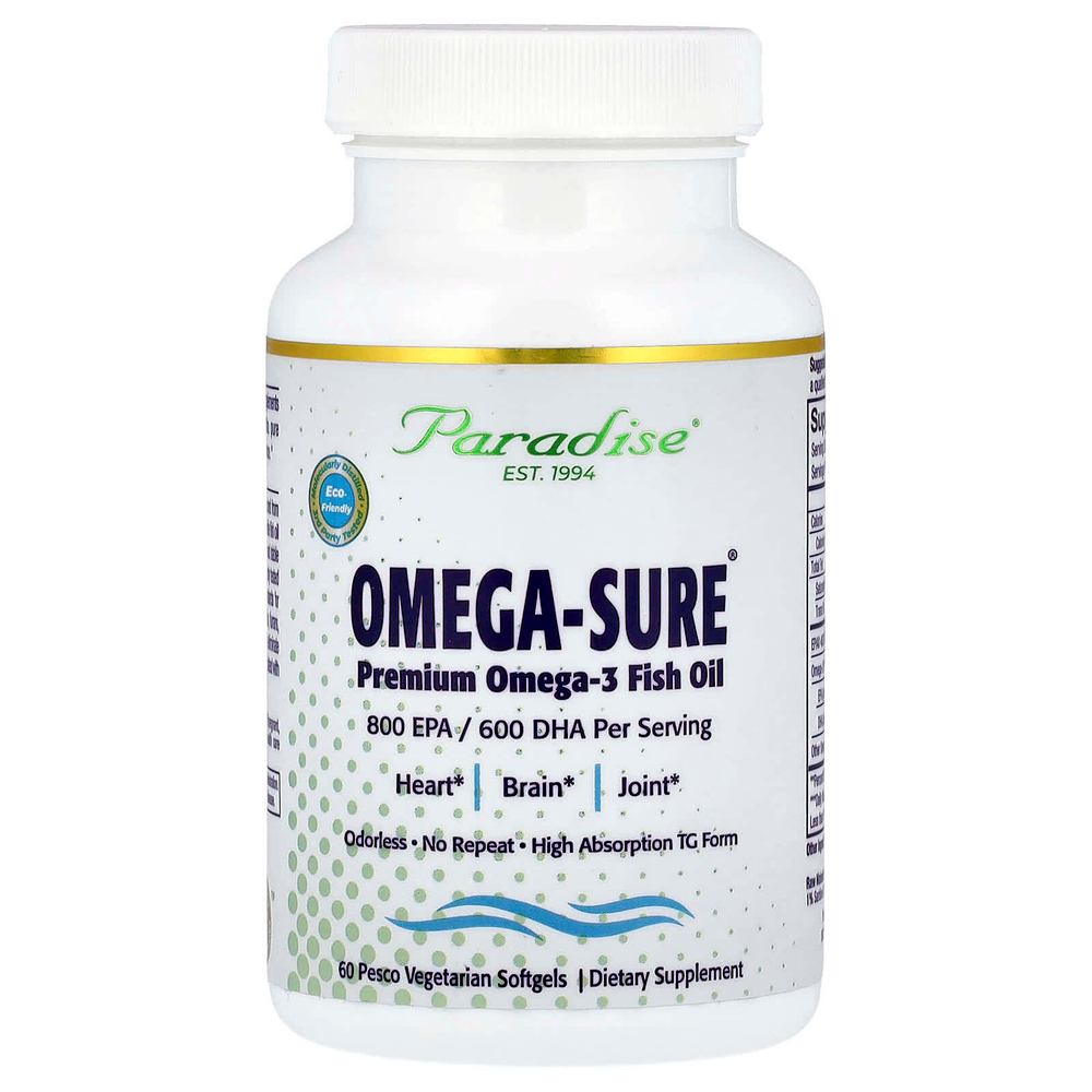 Paradise Herbs, Omega-Sure®, рыбий жир с омега-3 премиального качества, 60 вегетарианских капсул Pesco