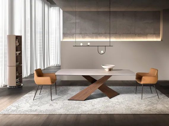 Овальный обеденный стол 1175 из керамики в мраморной отделке и ореха