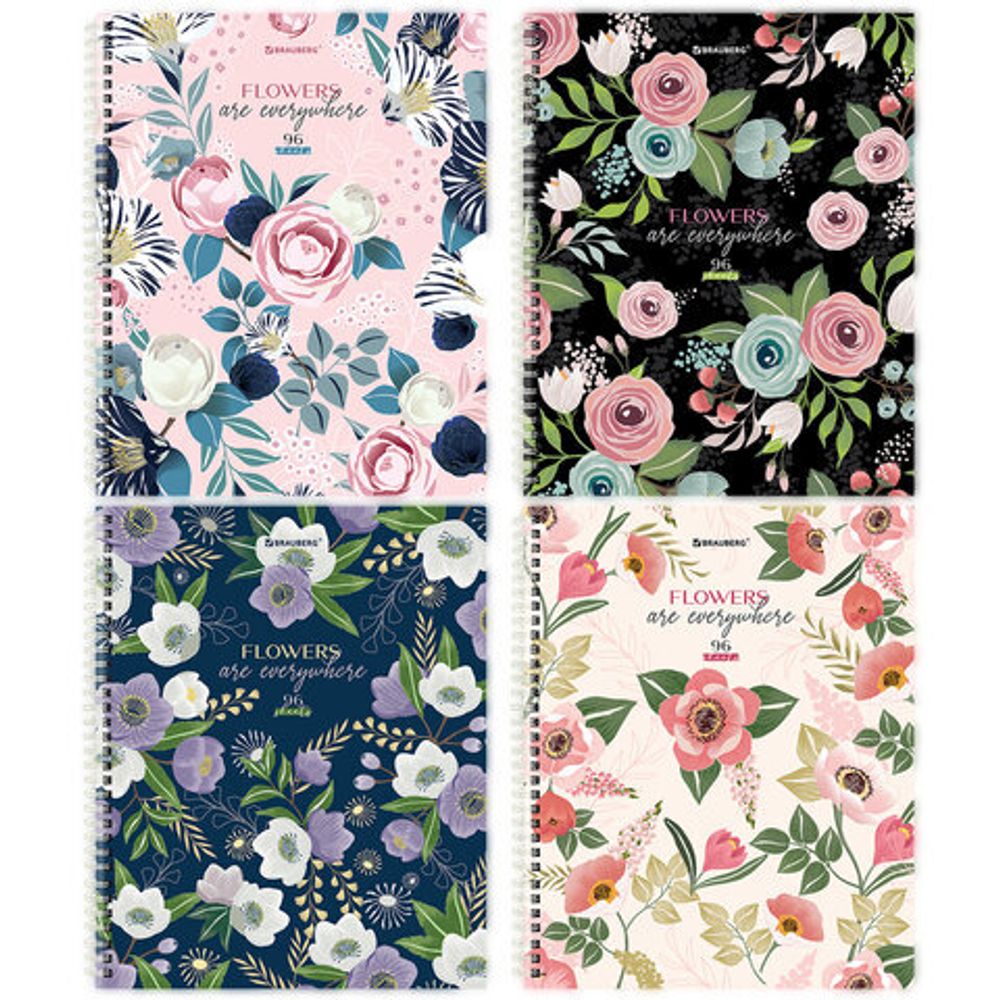 Тетрадь А5 96 л. BRAUBERG, гребень, клетка, твёрдая обложка, "Flowers", 404444, 4шт
