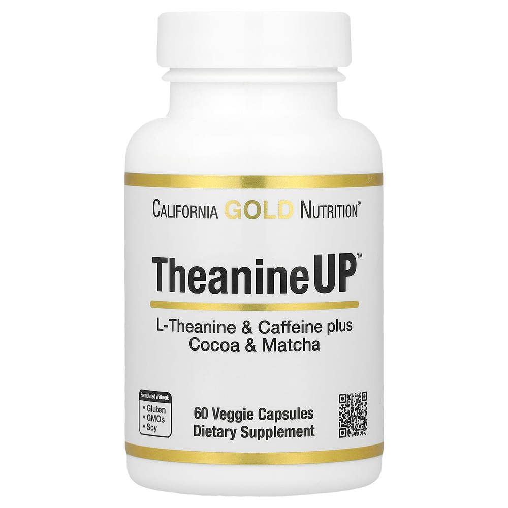 California Gold Nutrition, TheanineUP™, L-теанин, кофеин, какао и матча, 60 растительных капсул