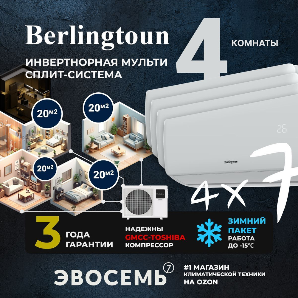 Инверторная мульти сплит-система Berlingtoun на 4 комнаты (20м2x4) BMO-36/4AIN1/BMI-07AIN1x4
