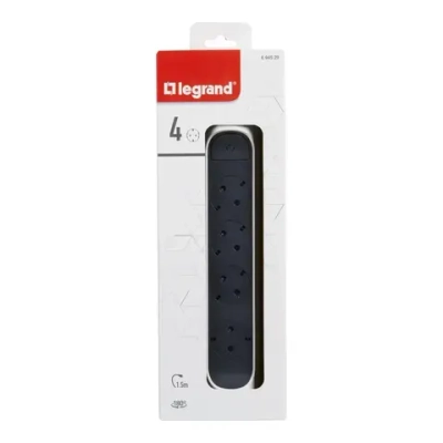 Legrand Revolution Комфорт Бело-черный Удлинитель 4x2К+З с выкл., кабель 1,5м, плоские розетки, фиксируемый поворотный блок, 694529