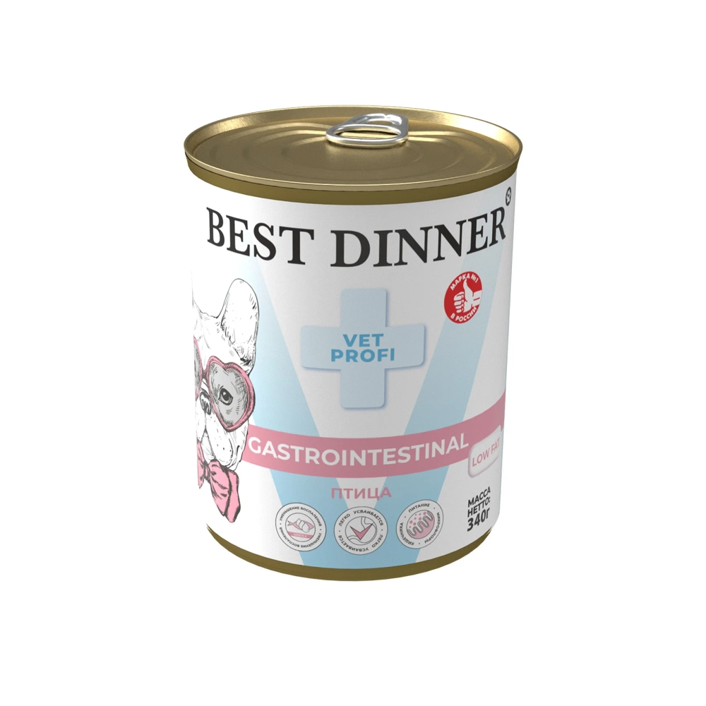 BEST DINNER (Бест Динер) Exclusive Vet Profi Gastrointestinal Low Fat Консервы для собак с чувствительным пищеварением, птица, 340 г