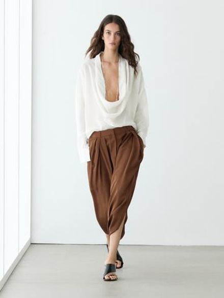 Massimo Dutti Струящаяся плиссированная юбка-шорты, светло-коричневый