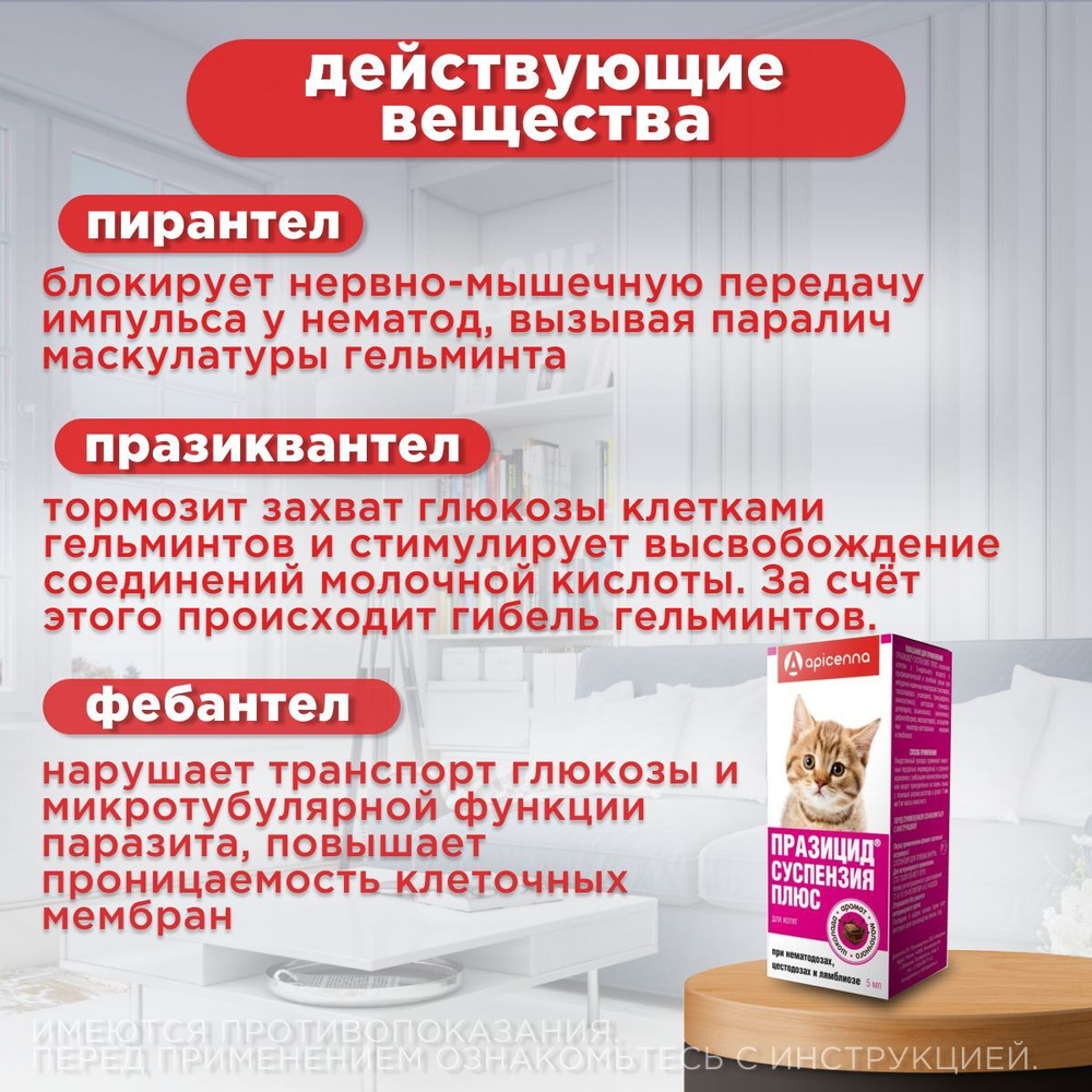 Суспензия для котят от гельминтов и лямблий Празицид Плюс APICENNA, 5мл. Фебантел/Пирантел/ Празиквантел