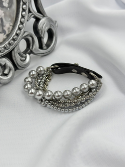 Браслет "Glam" из серого жемчуга, венецианского стекла и гематита, застежка из натур. кожи