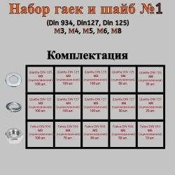 Набор гаек и шайб №1 (Din 934, Din 127, Din 125) М3, М4, М5, М6, М8.