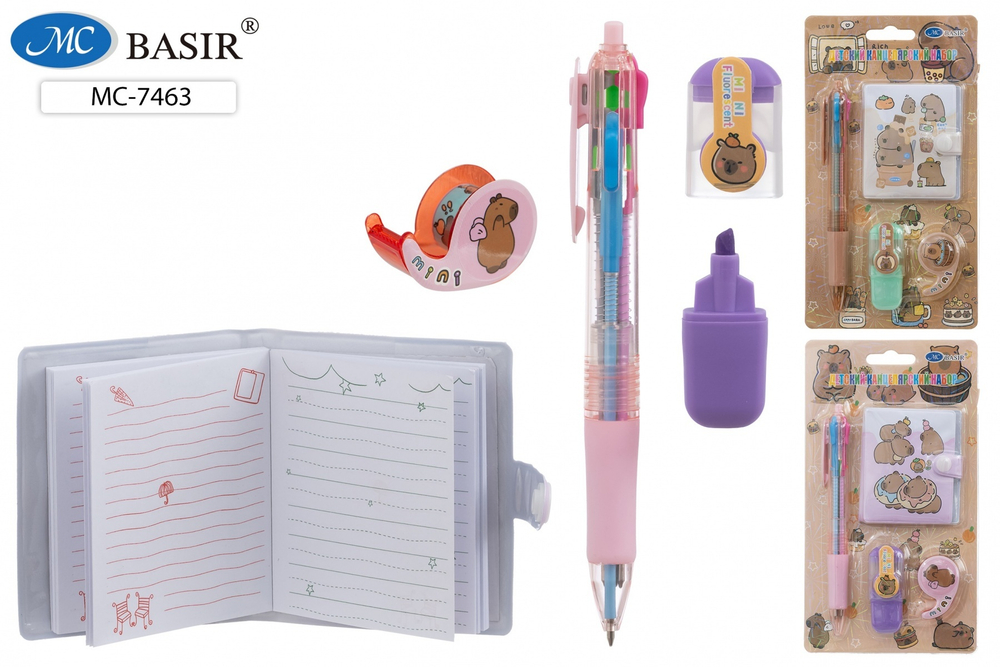 Блокнот А8 клеевой кор. "Капибара" лин, на кнопке + 4-цв.мини-ручка, скотч, текст.маркер