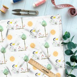 Ткань саржа солнце и девочка в лесу с одуванчиком