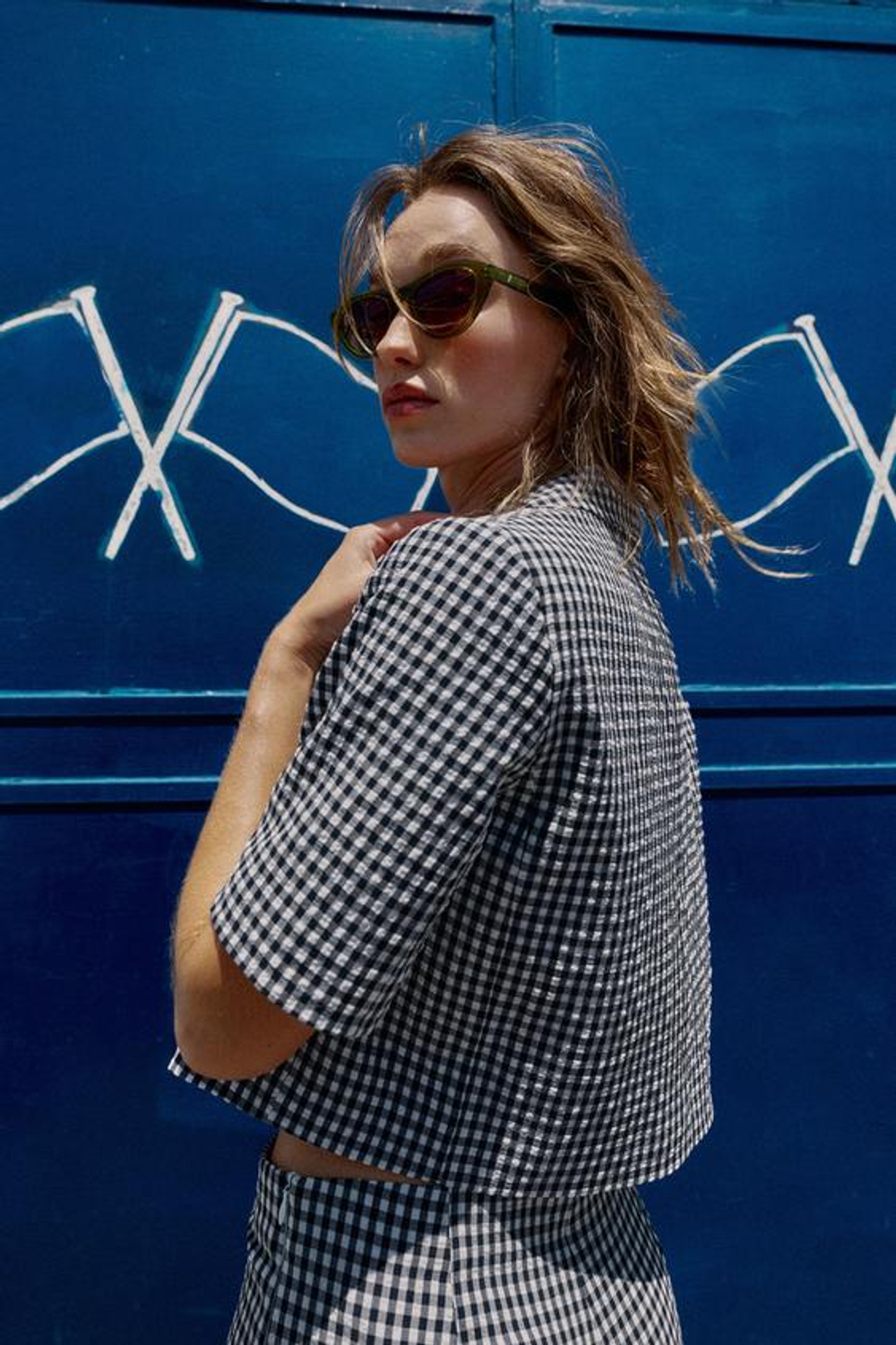 ZARA КОРОТКИЙ БЛЕЙЗЕР В КЛЕТКУ ВИШИ, ТЕМНО-СИНИЙ/БЕЛЫЙ