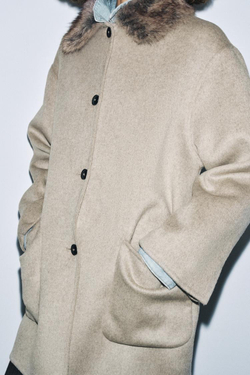 ZARA ПАЛЬТО ИЗ ШЕРСТИ С ВОРОТНИКОМ ИЗ ИСКУССТВЕННОГО МЕХА — ZW COLLECTION, РЫЖЕВАТО-КОРИЧНЕВЫЙ