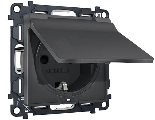 MA908010 Комплект механизма электрической розетки ALFA Графит мягкое касание с/з с шторками и крышкой IP44 QUANT (AP9080, VM141)