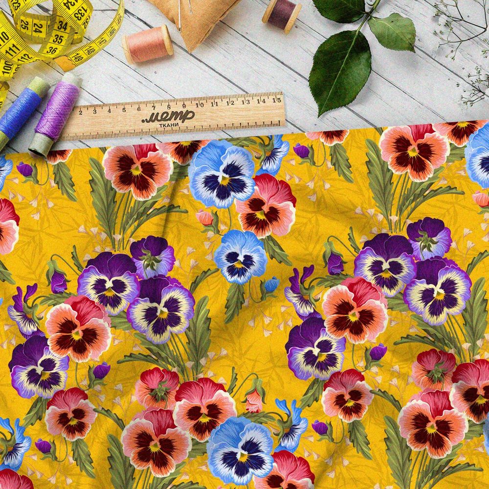 Ткань шелк Армани яркие виолы на желтом фоне
