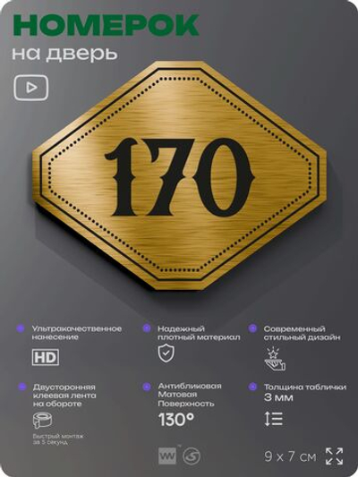 Номерок на дверь квартиры 170, для кабинета, офиса, шильдик 9 х 7 см, золотистый, Айдентика Технолоджи