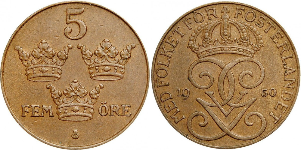 Швеция 5 эре, 1909 - 1950 Король Король Густав V XF