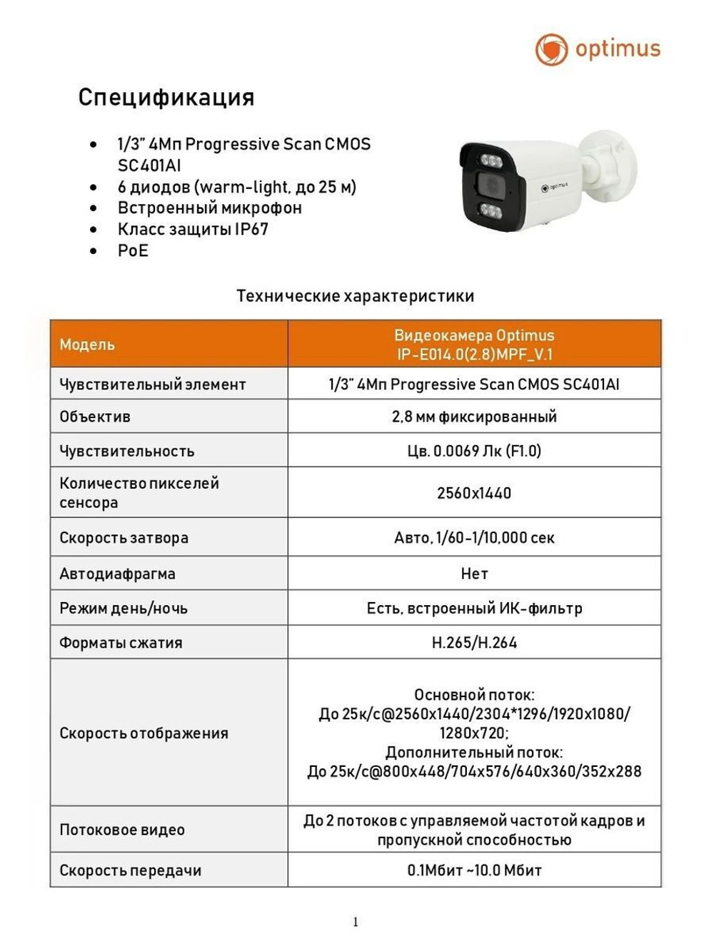 Видеокамера Optimus IP-E014.0(2.8)MPF_V.1