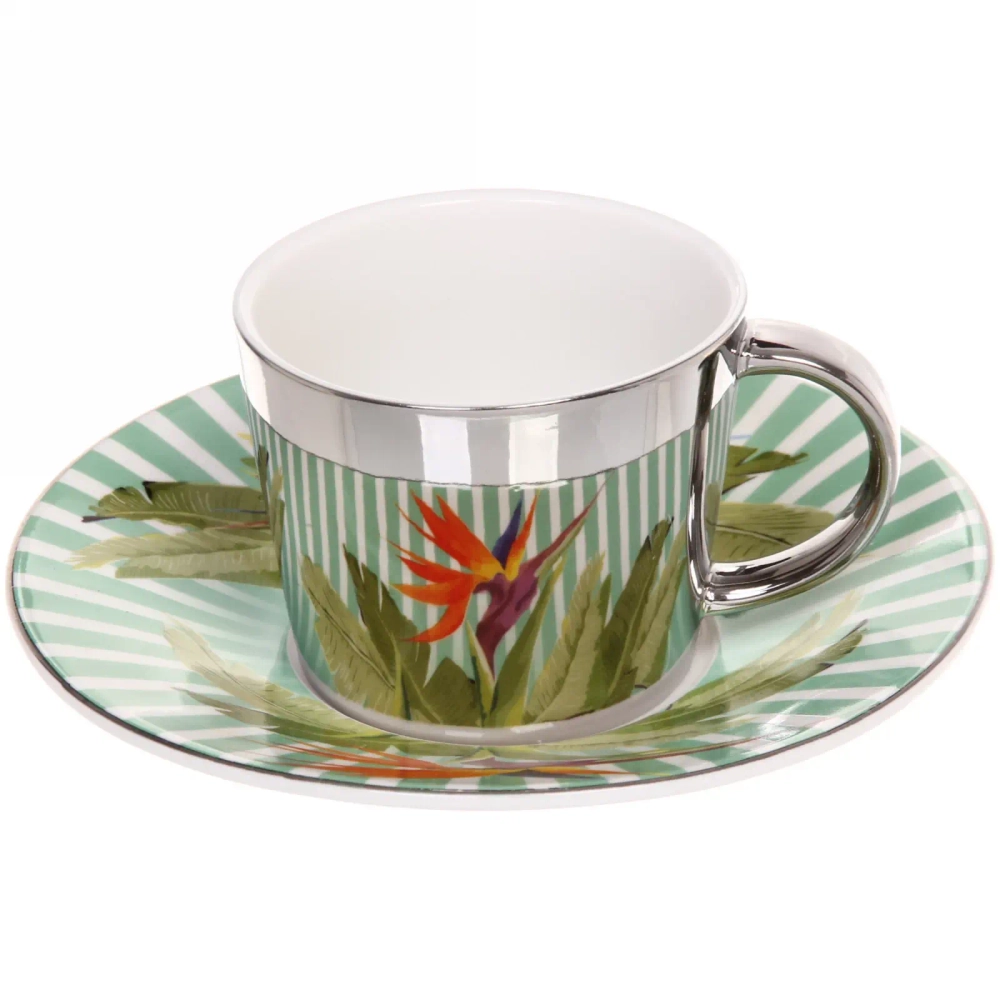 Чайная пара (зеркальная кружка 230мл+блюдце) анаморфный дизайн «Райские птицы»