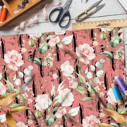 Ткань таффета нежные розы на коралловом фоне с рисунком