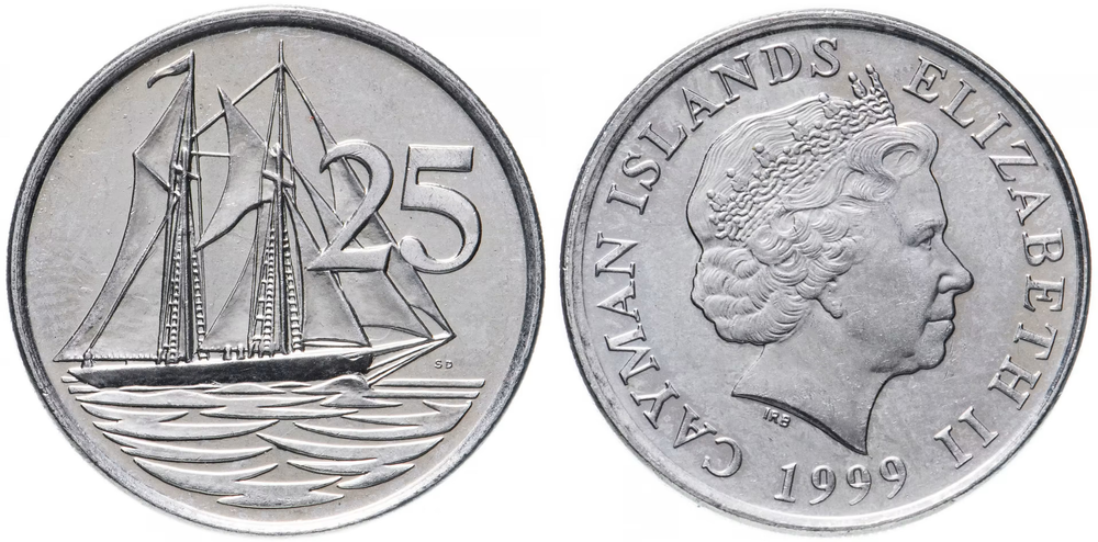Каймановы острова 25 центов, 1999 Парусник XF
