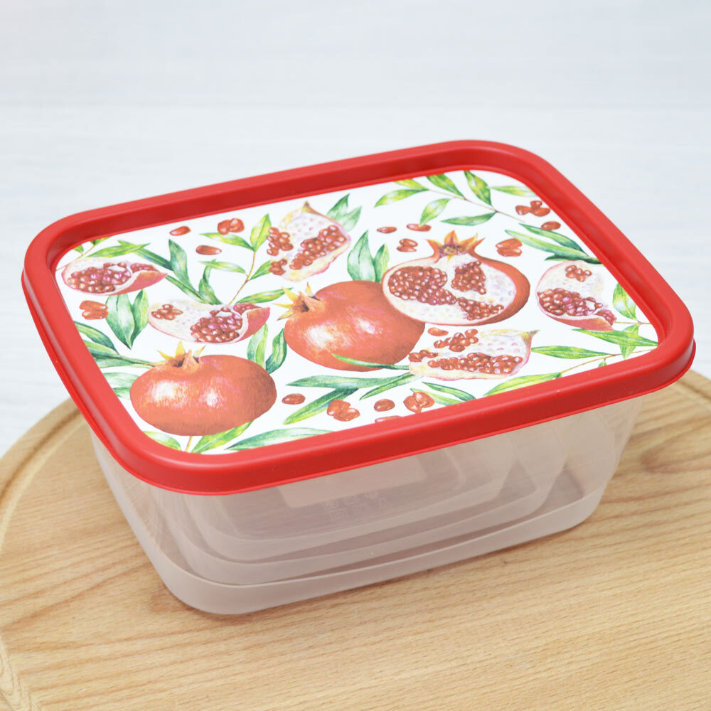 Комплект контейнеров для продуктов 3шт (0,5л; 0,85л; 1,5л), прямоугольные с декором (красный)